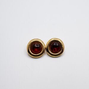 Bergere Clip On Earrings Gold Tone Garnet Red Glass Round Vintage